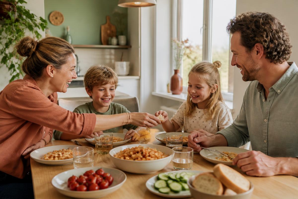 Gezin geniet samen van een ontspannen maaltijd aan tafel