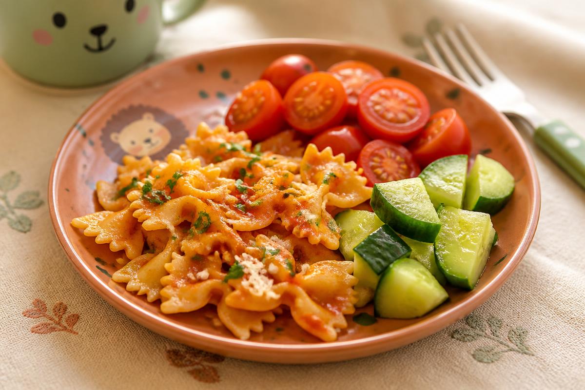 Kindvriendelijk bord met pasta, tomaatjes en komkommer